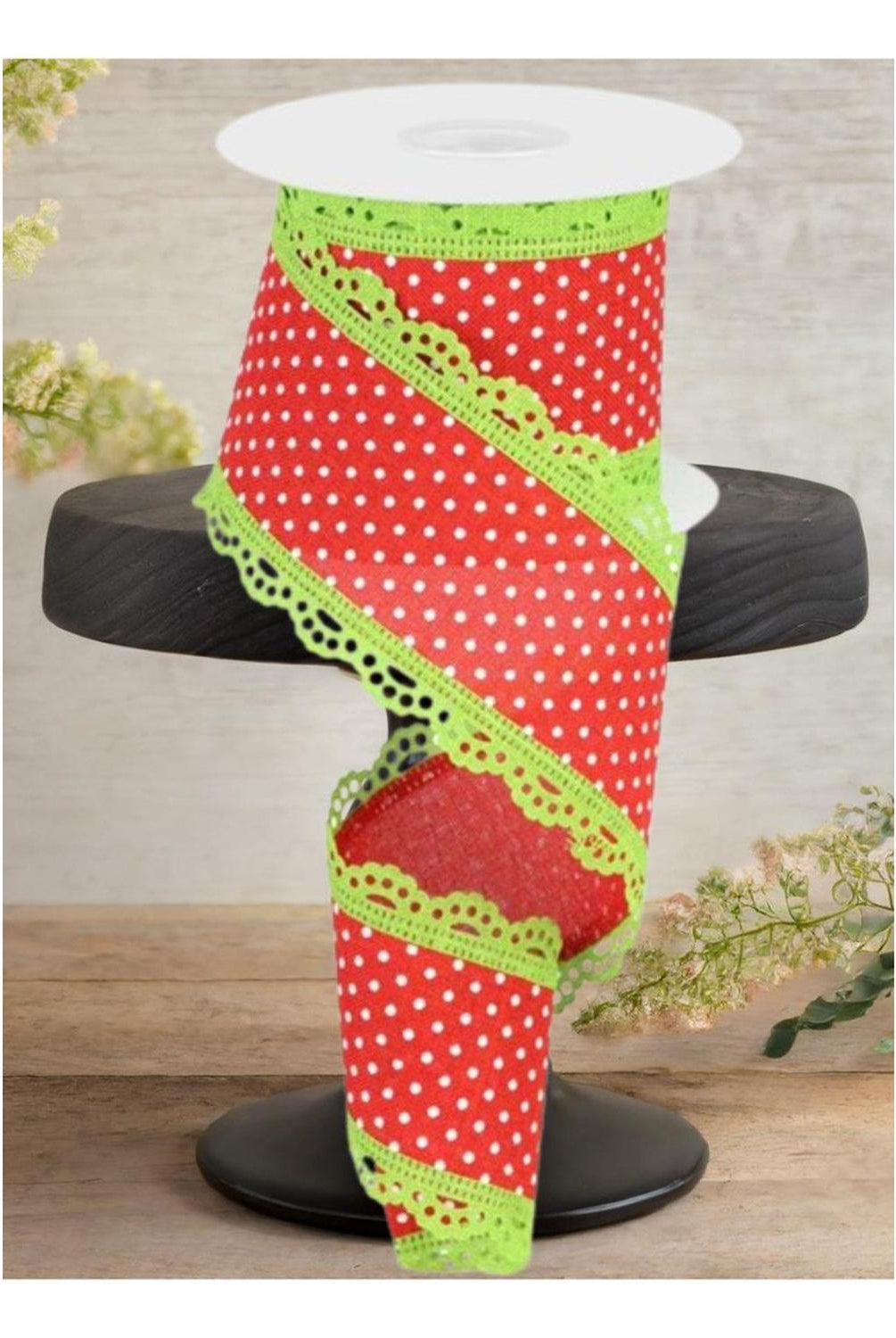 2.5" Swiss Dots Lace Edge Ribbon: Red/Lime Green (10 Yards)