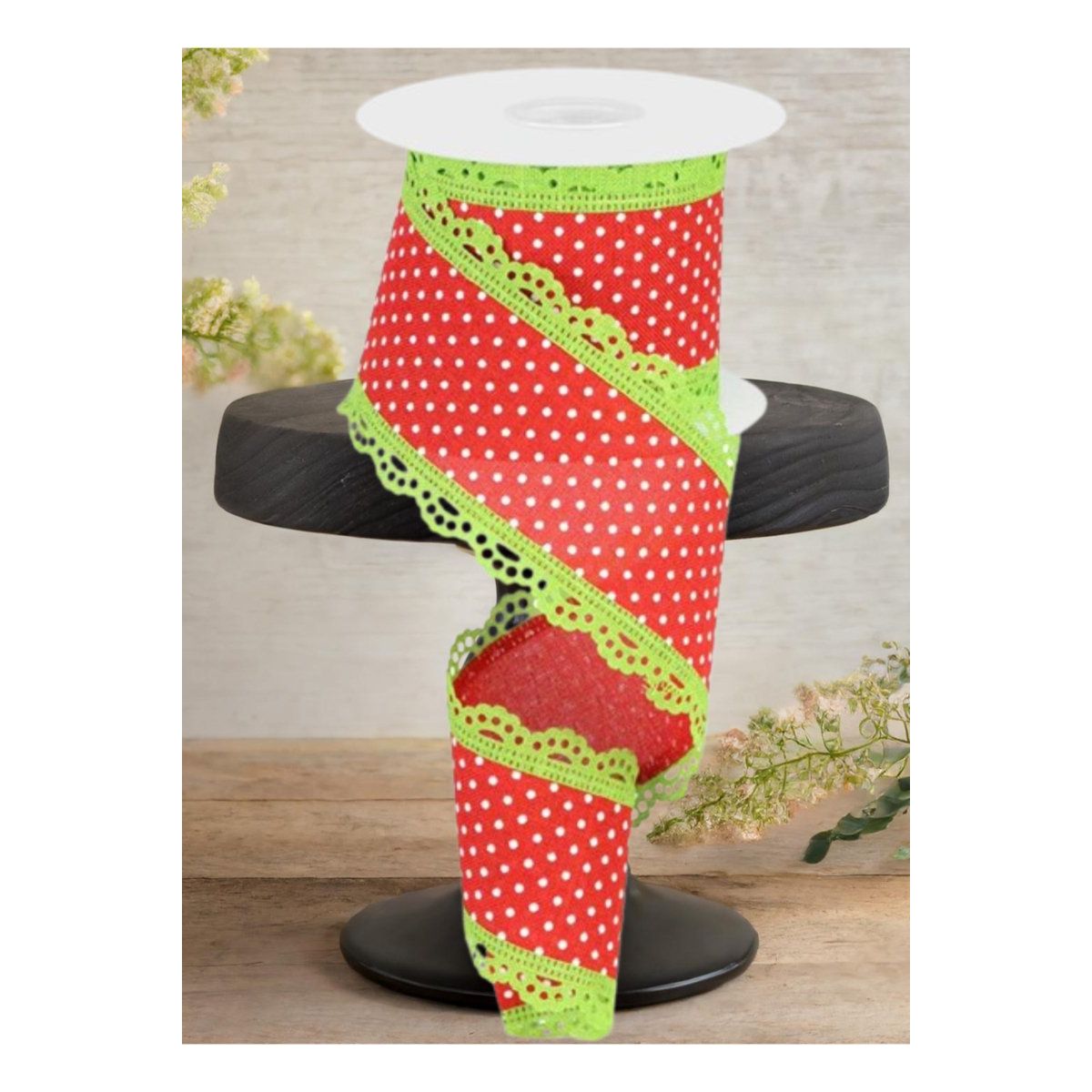 Shop For 2.5" Swiss Dots Lace Edge Ribbon: Red/Lime Green (10 Yards)