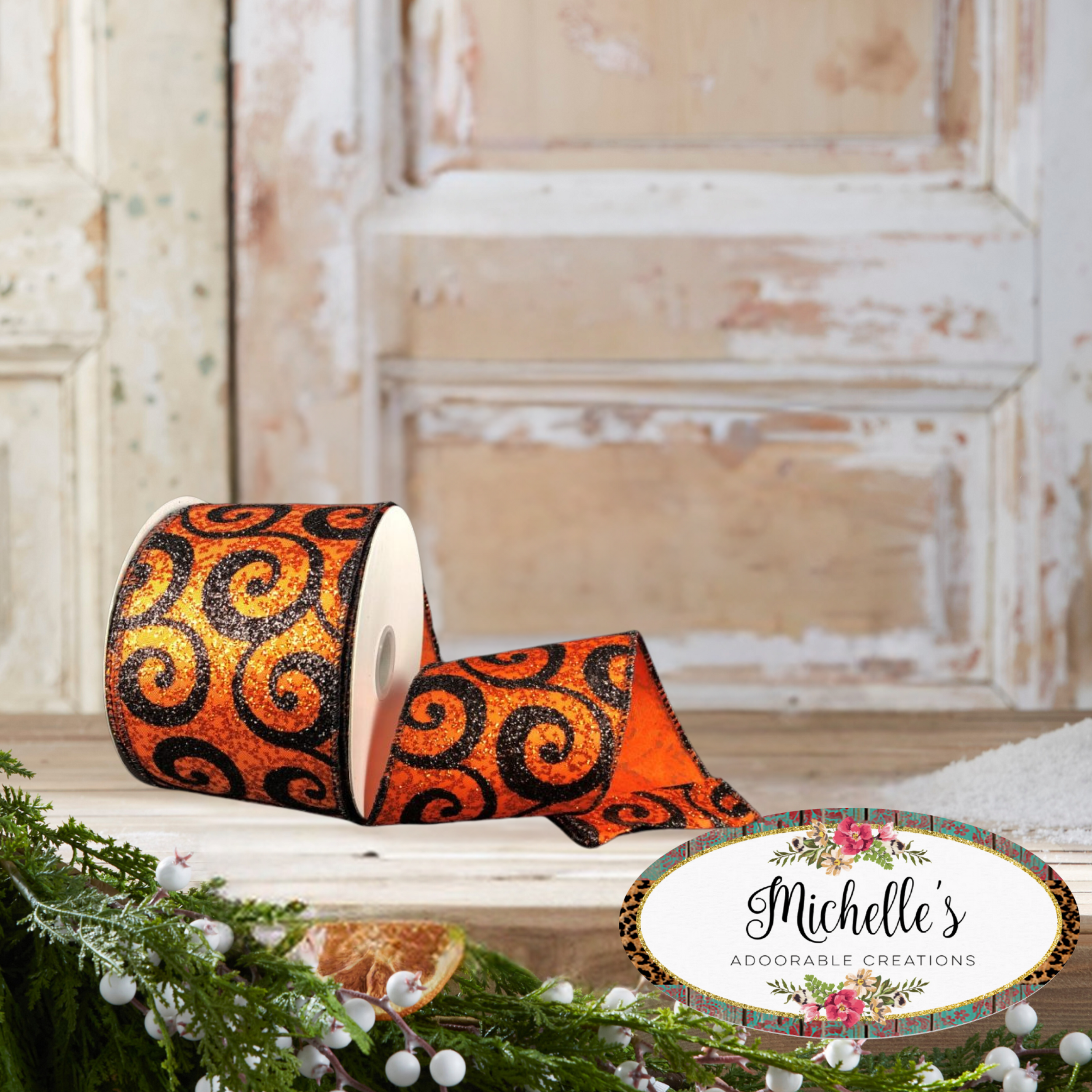 Shop For 2.5" Ultra Glitter Swirls Ribbon: Orange & Black (10 Yards)