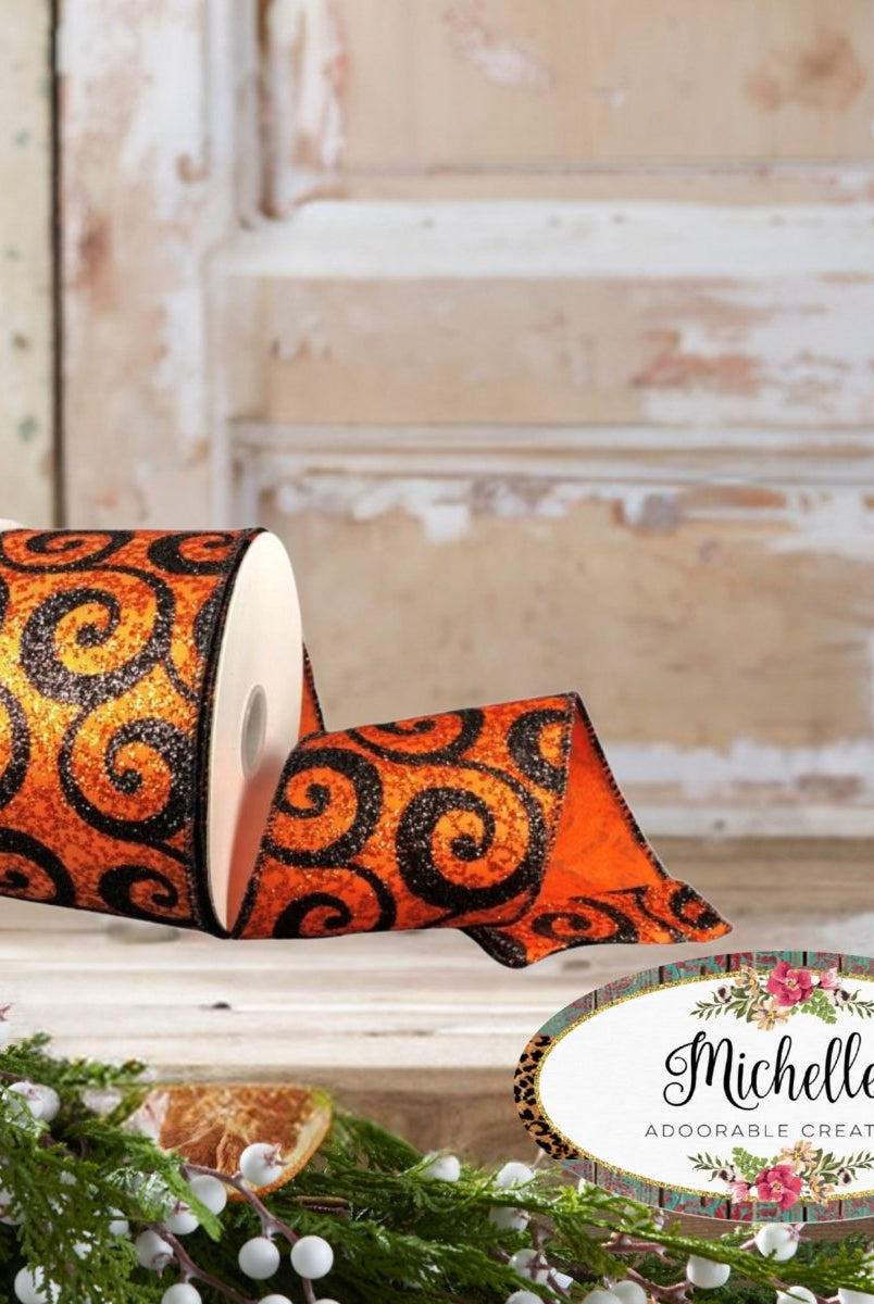 Shop For 2.5" Ultra Glitter Swirls Ribbon: Orange & Black (10 Yards)