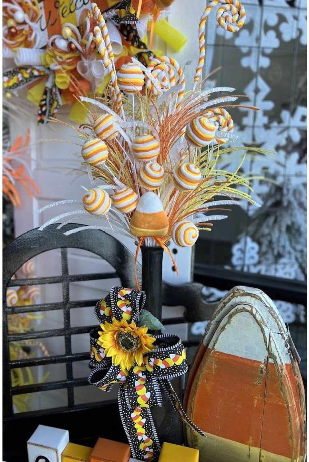 25" Velvet Striped Ball Spray: Candy Corn