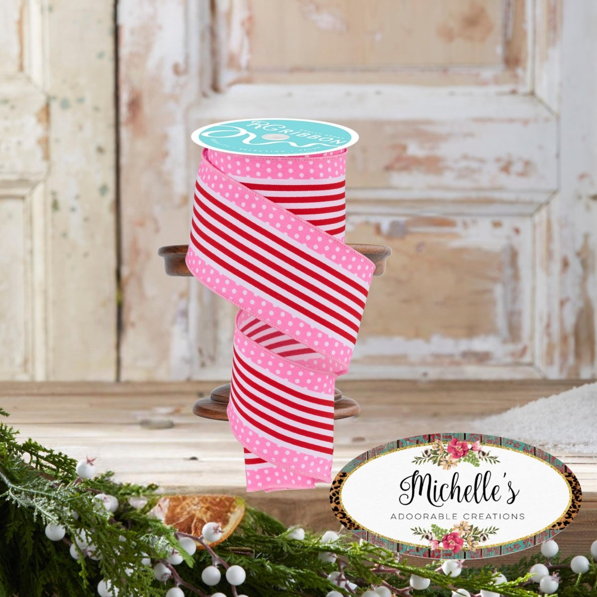 Shop For 2.5" Vertical Stripe Polka Dot Edge Ribbon: Red/Pink (10 Yards)