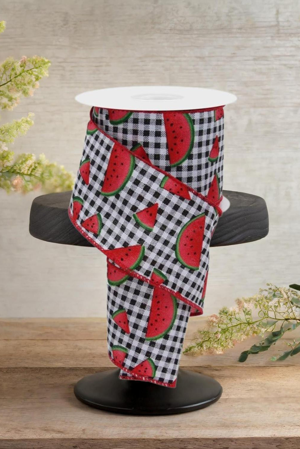 2.5" Watermelon Slice Gingham Ribbon: Black/White (10 Yards)