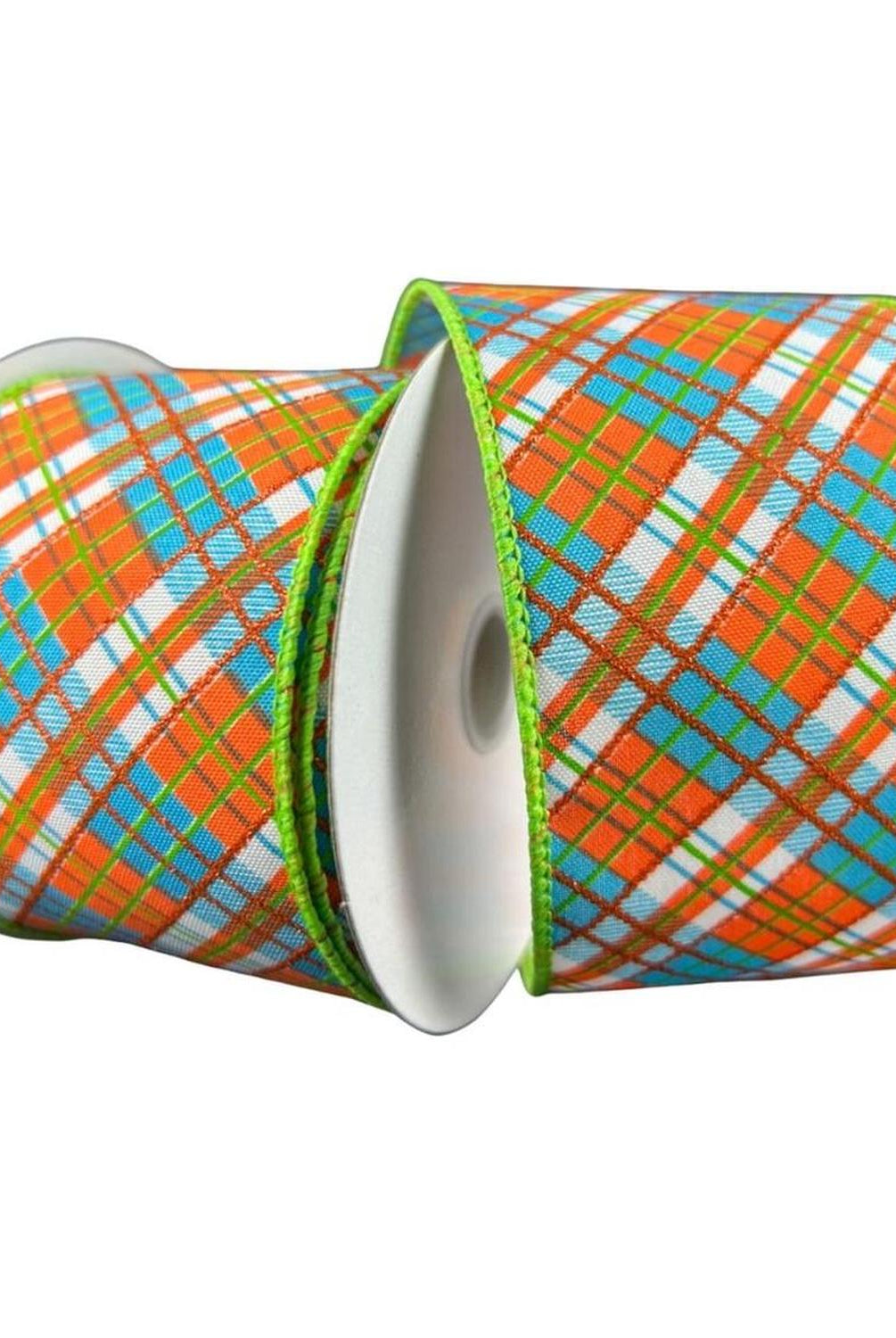 Shop For 2.5" White Satin Busy Plaid Ribbon: Teal, Lime and Orange (10 Yards) at Michelle's aDOORable Creations