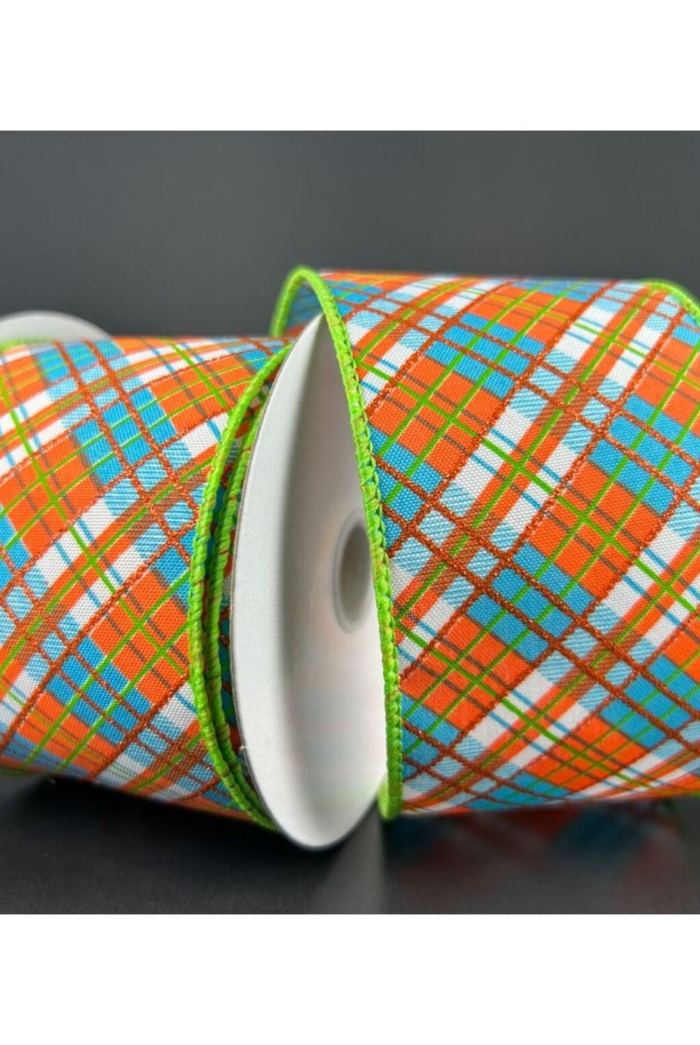 Shop For 2.5" White Satin Busy Plaid Ribbon: Teal, Lime and Orange (10 Yards) at Michelle's aDOORable Creations