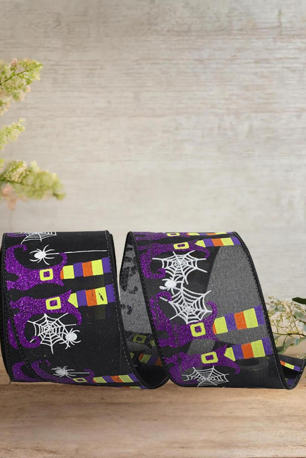 2.5" Witch Leg and Spider Web Ribbon: Black (10 Yards)