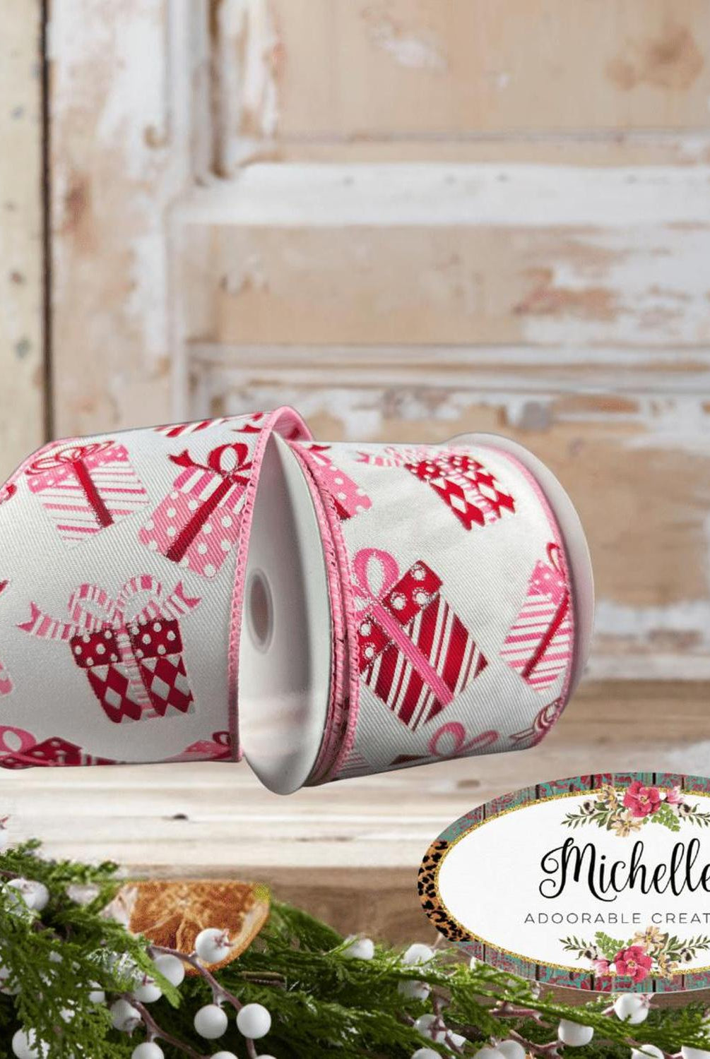 2.5" Wrapped Gifts Ribbon: Red, Pink, and White (10 Yards)
