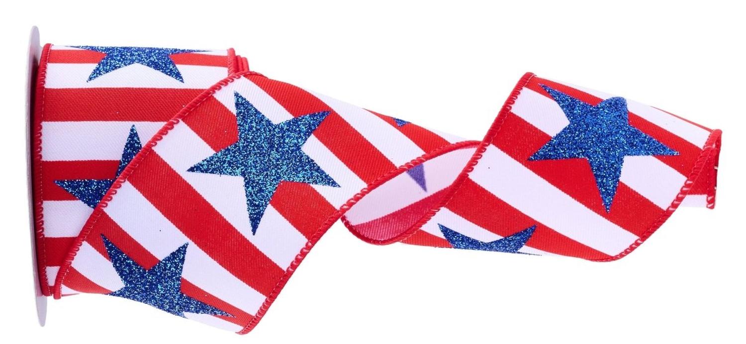 2.5in Bold Glitter Star Striped Ribbon: Patriotic (10 Yards)