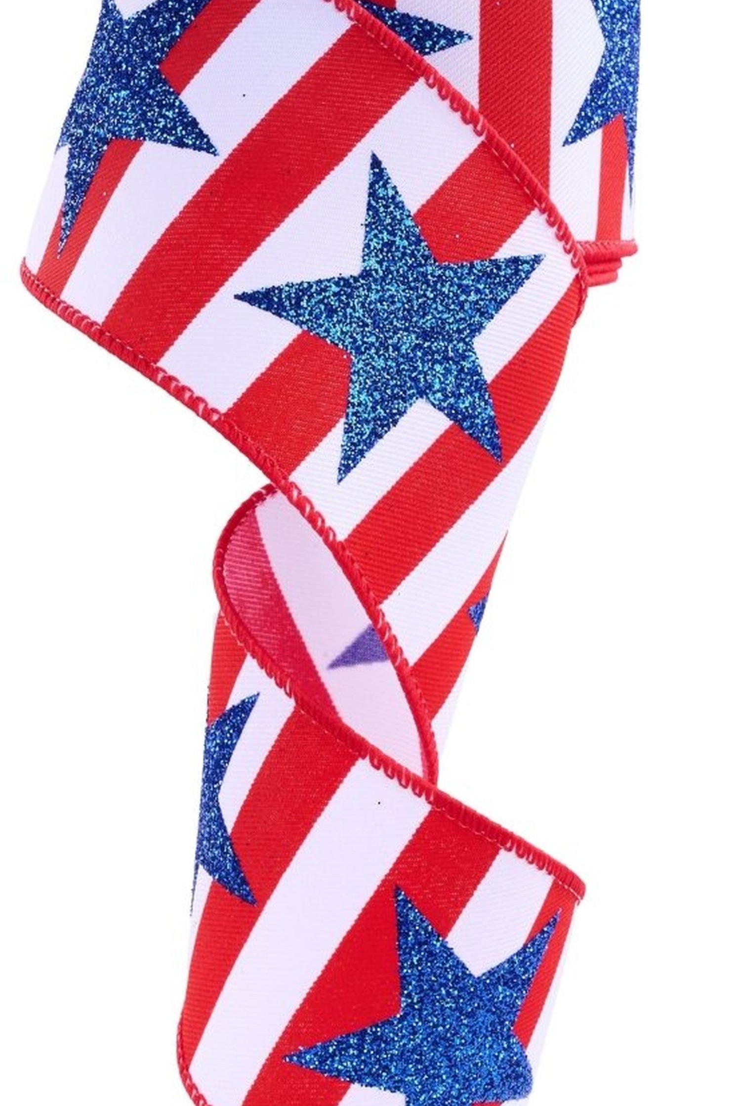 2.5in Bold Glitter Star Striped Ribbon: Patriotic (10 Yards)