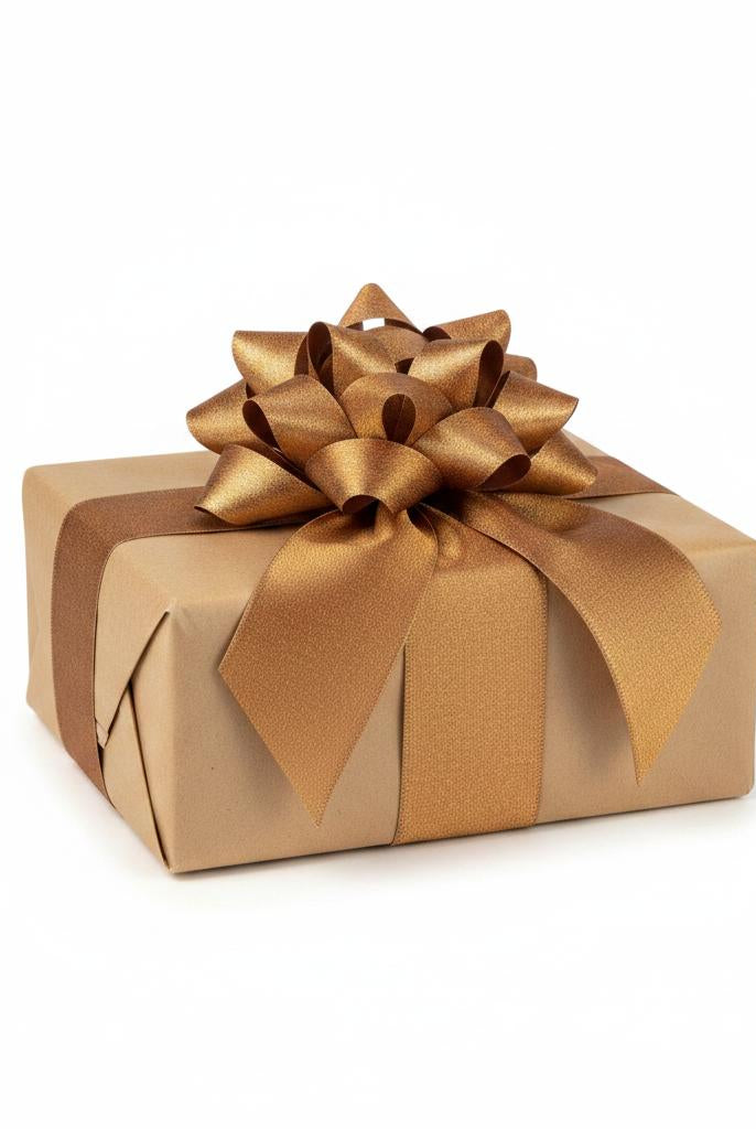Gift box wrapped with 2.5-inch brown metallic satin ribbon featuring a structured, shimmering bow.
