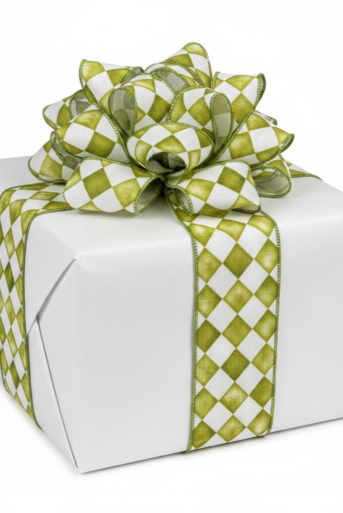 2.5-inch green moss and white tipsy check canvas ribbon tied in a decorative bow on a white gift box.