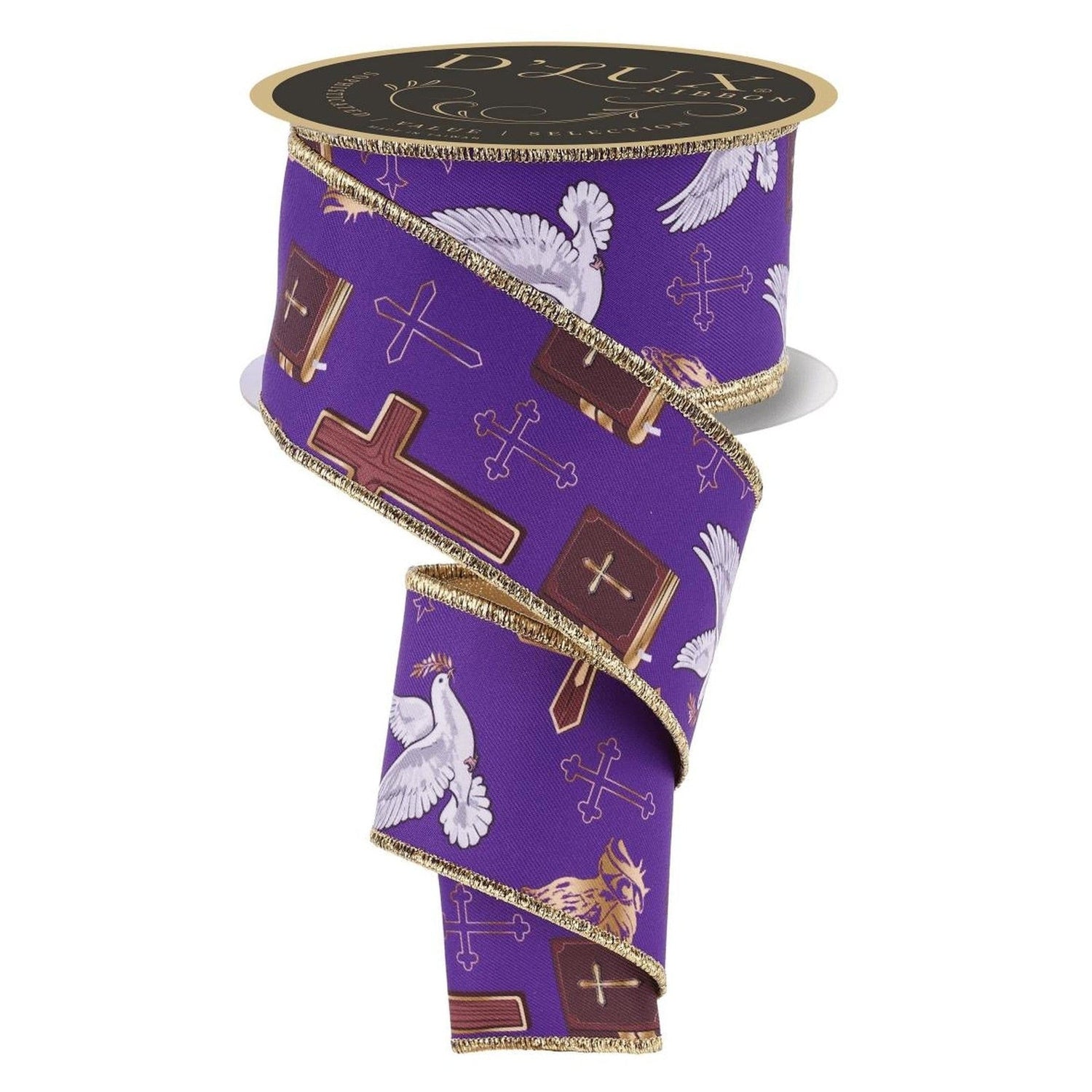 2.5in Cross Dove and Prayers Ribbon: Purple (10 Yards)
