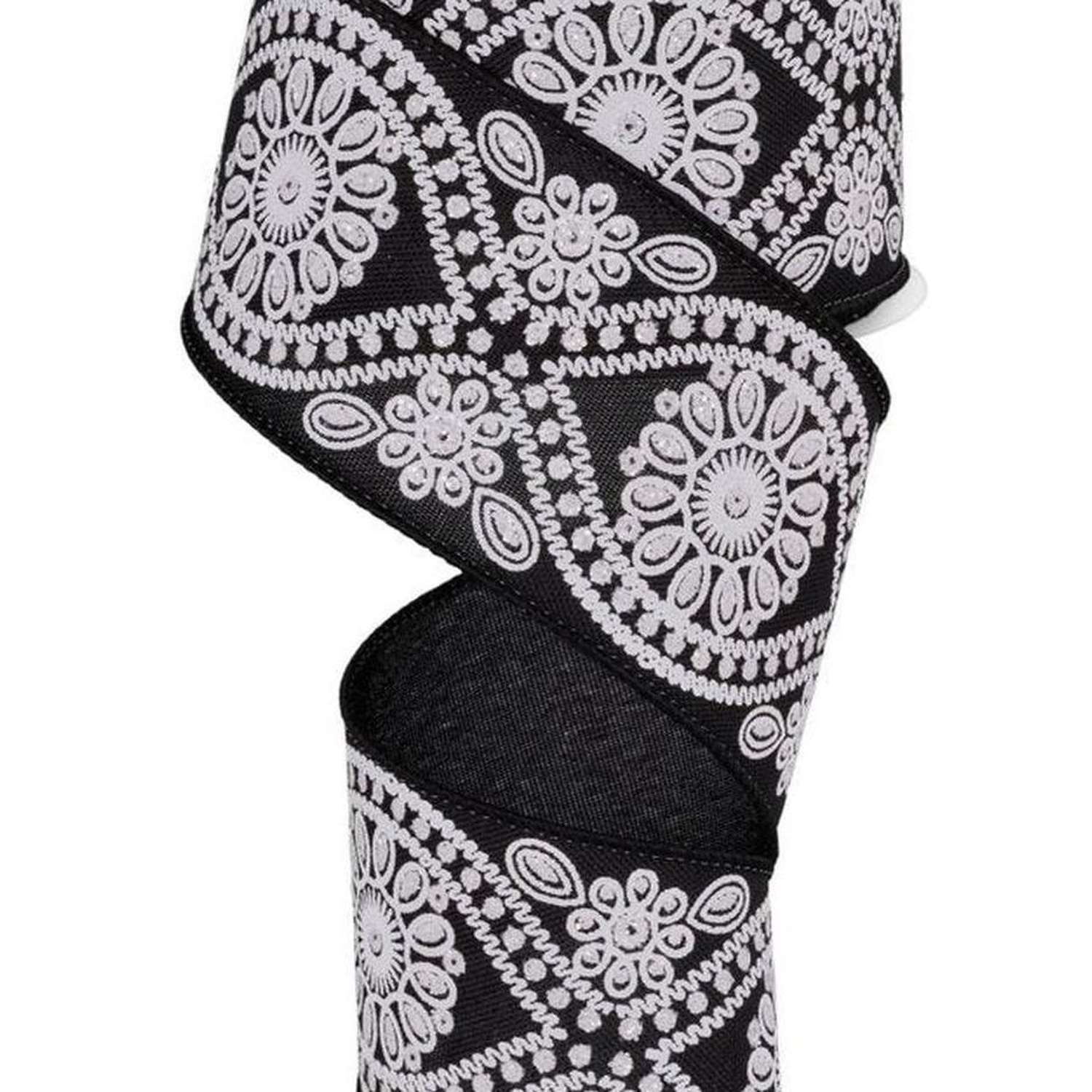 Shop For 2.5in Deluxe Wavy Floral Ribbon: Black/White (10 Yards)