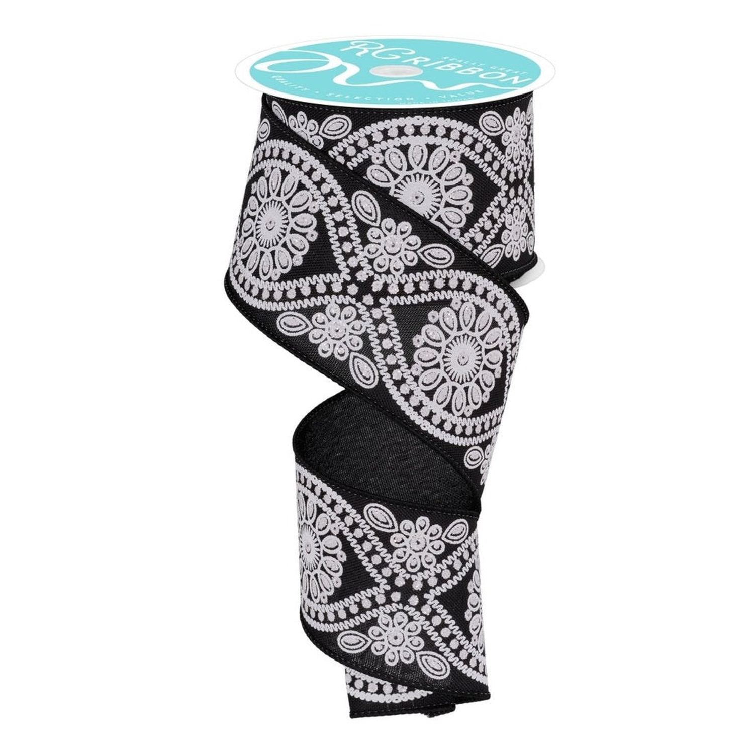 Shop For 2.5in Deluxe Wavy Floral Ribbon: Black/White (10 Yards)