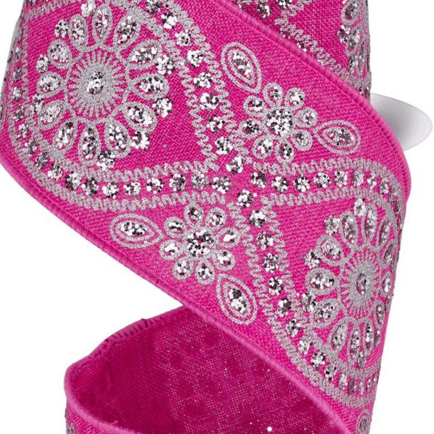 Shop For 2.5in Deluxe Wavy Floral Ribbon: Fuchsia/Silver (10 Yards)