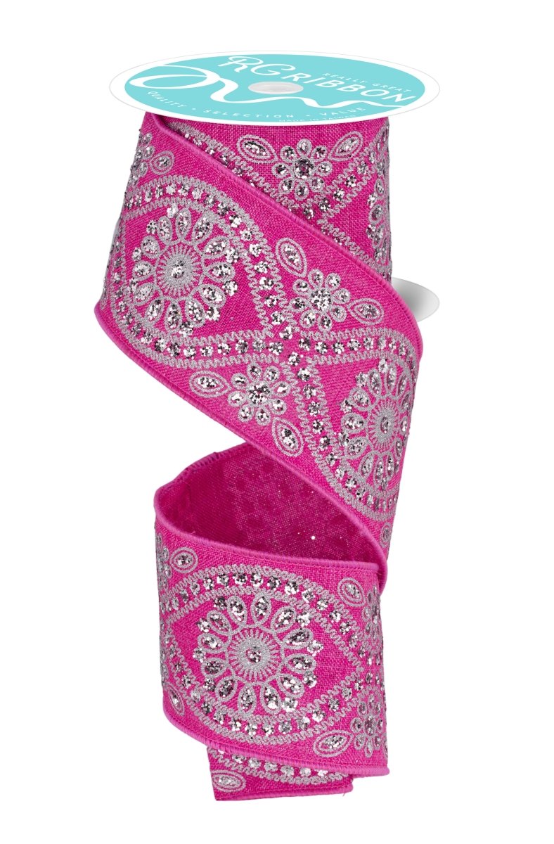 Shop For 2.5in Deluxe Wavy Floral Ribbon: Fuchsia/Silver (10 Yards)