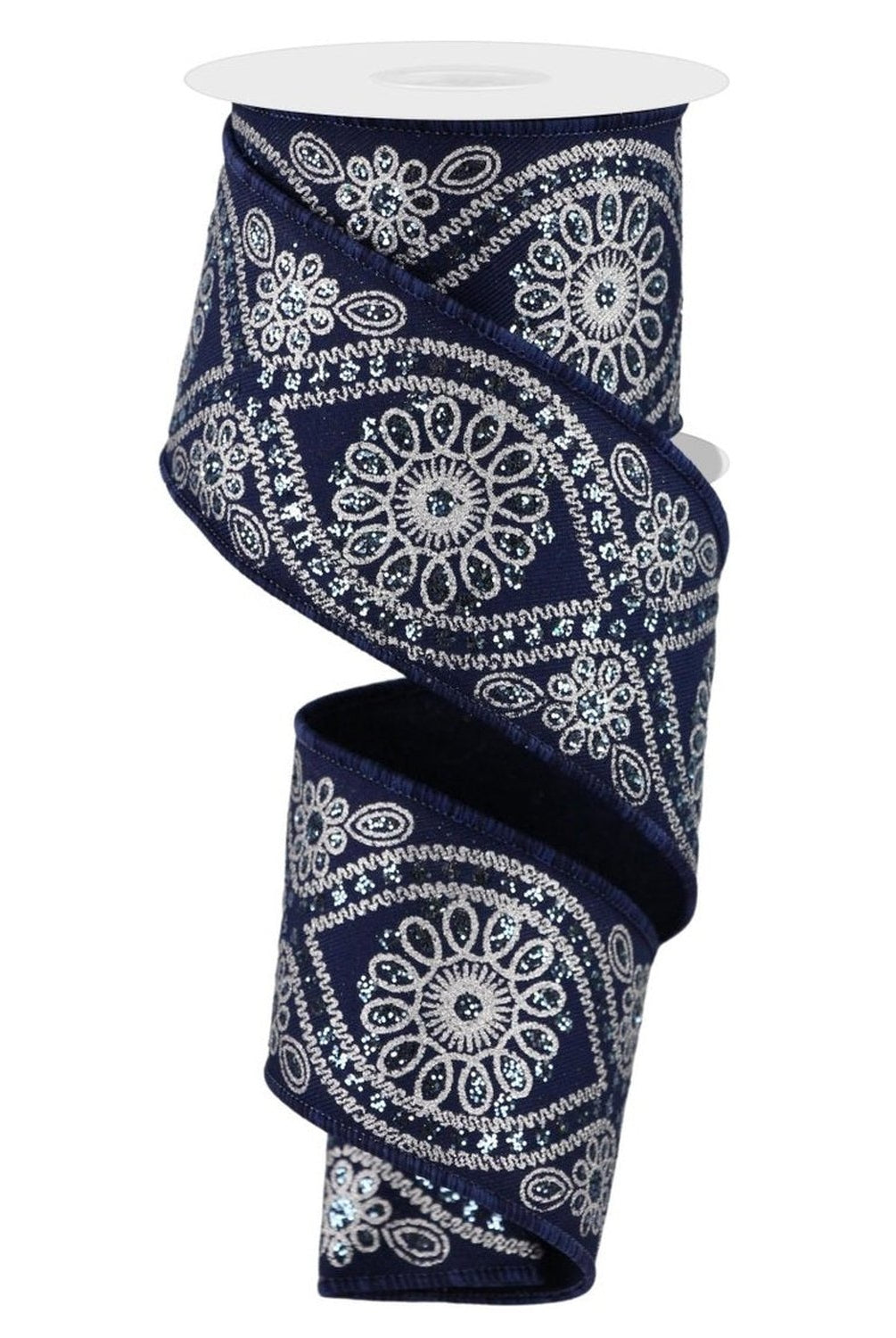 Shop For 2.5in Deluxe Wavy Floral Ribbon: Navy/Silver (10 Yards)