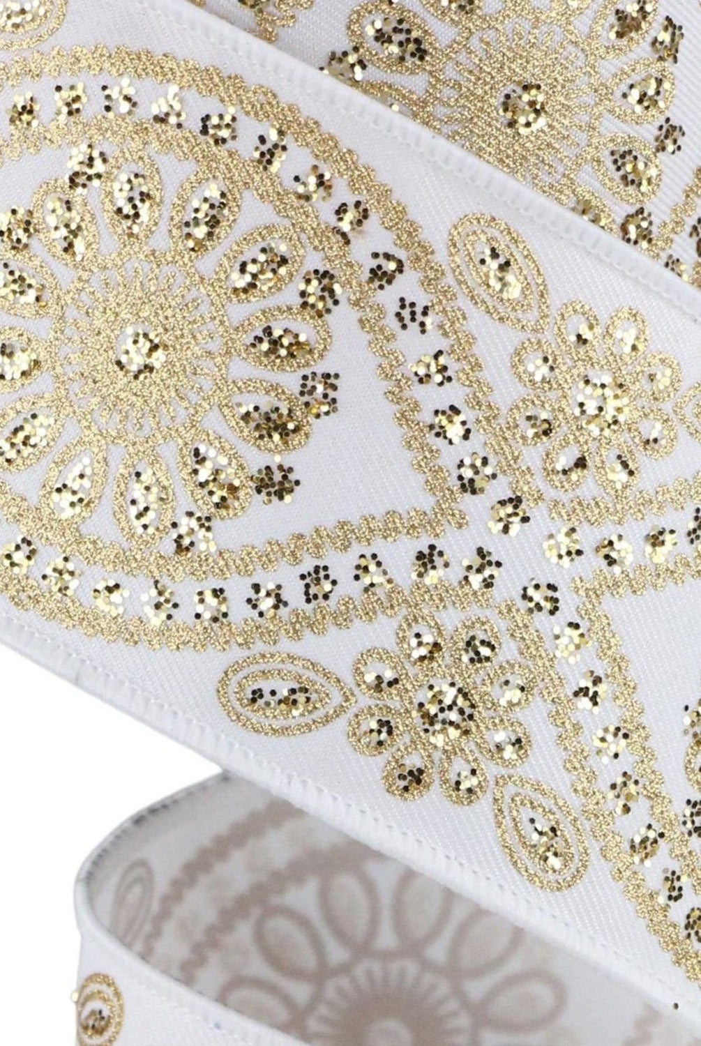 Shop For 2.5in Deluxe Wavy Floral Ribbon: White/Gold (10 Yards)
