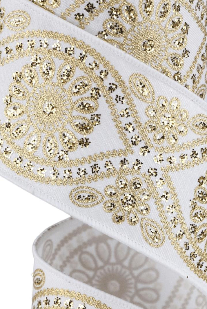 Shop For 2.5in Deluxe Wavy Floral Ribbon: White/Gold (10 Yards)