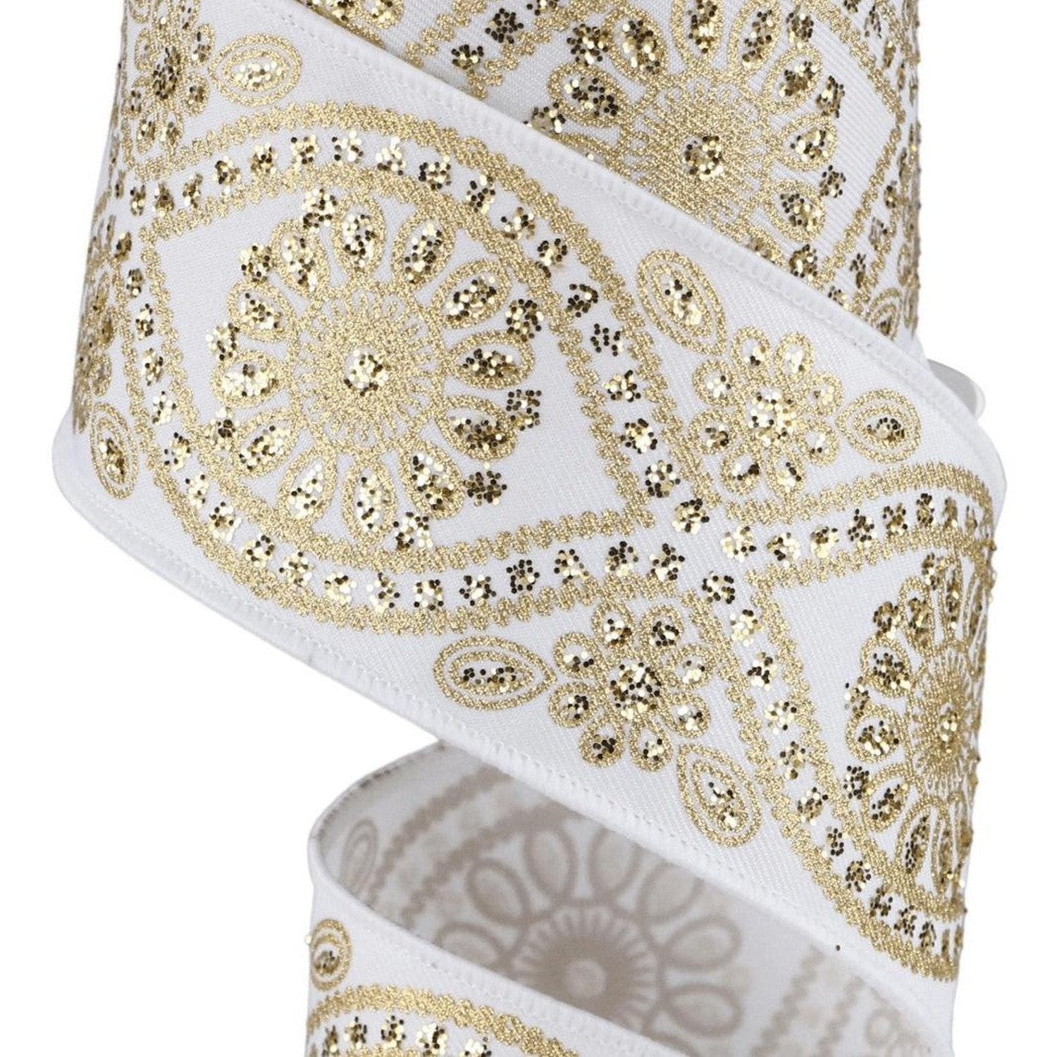 Shop For 2.5in Deluxe Wavy Floral Ribbon: White/Gold (10 Yards)