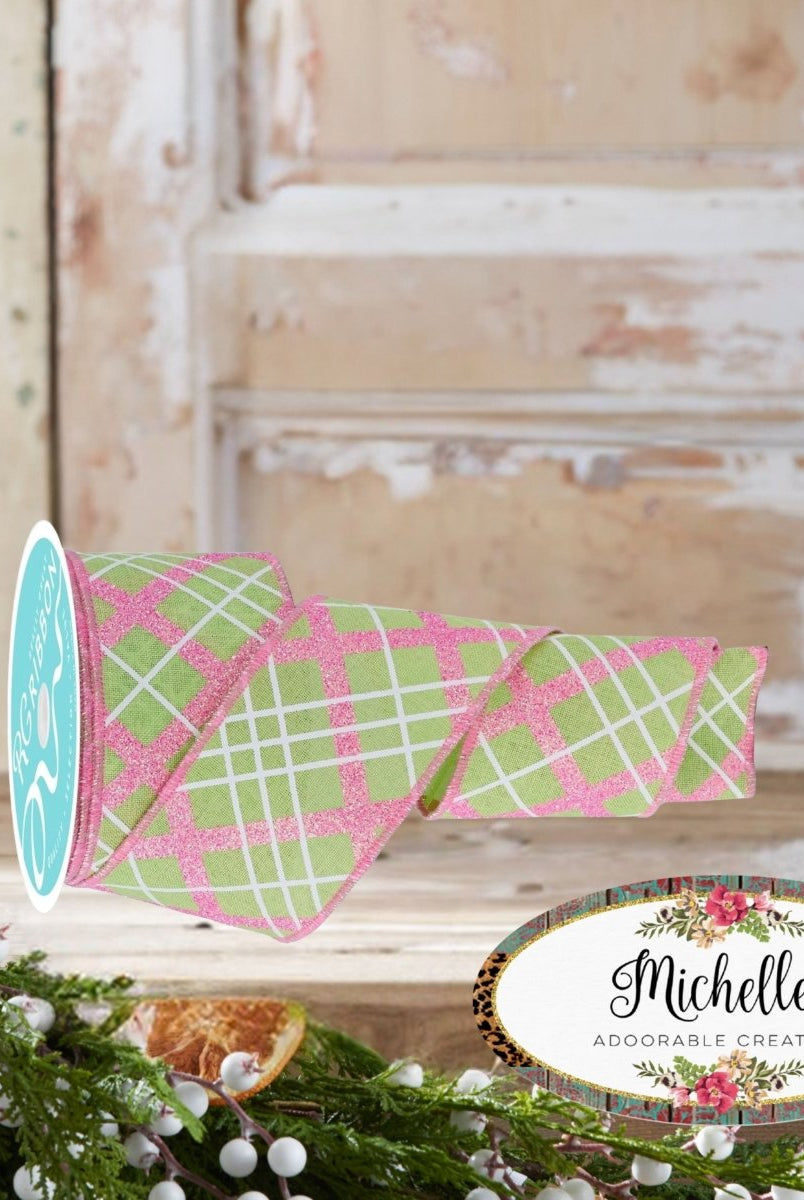 Shop For 2.5in Diagonal Glitter Plaid Ribbon: Bright Green (10 Yard)