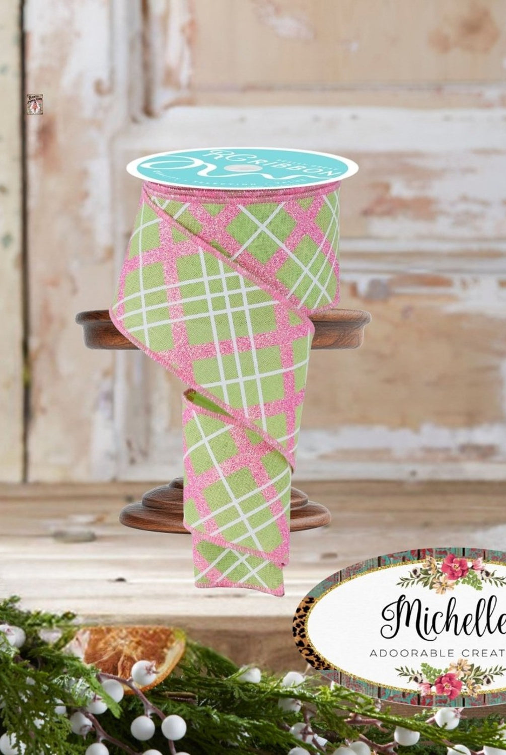Shop For 2.5in Diagonal Glitter Plaid Ribbon: Bright Green (10 Yard)