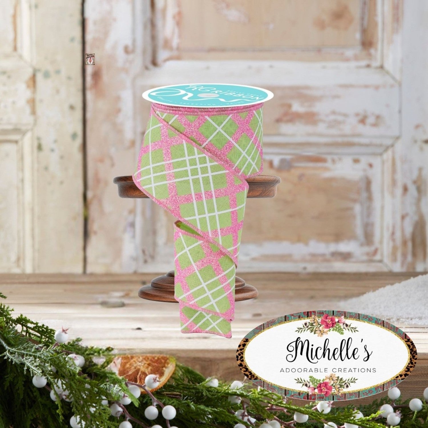 Shop For 2.5in Diagonal Glitter Plaid Ribbon: Bright Green (10 Yard)