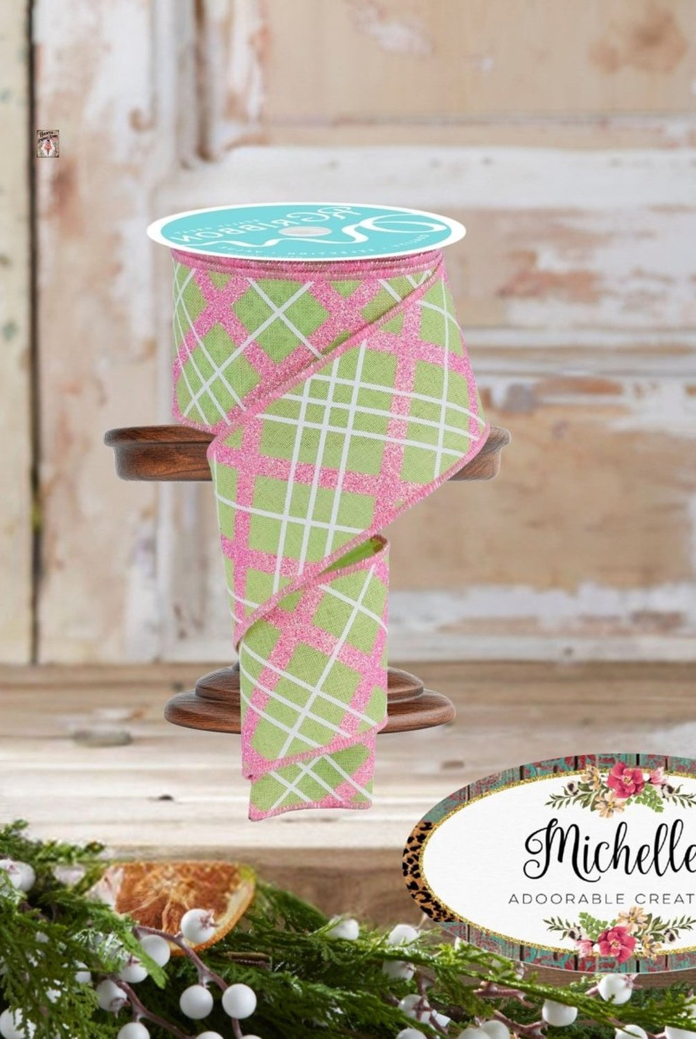 Shop For 2.5in Diagonal Glitter Plaid Ribbon: Bright Green (10 Yard)
