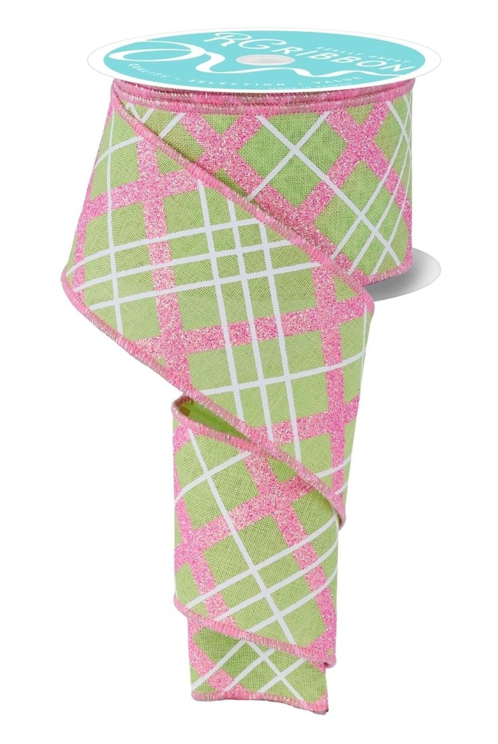 2.5in Diagonal Glitter Plaid Ribbon: Bright Green (10 Yard)