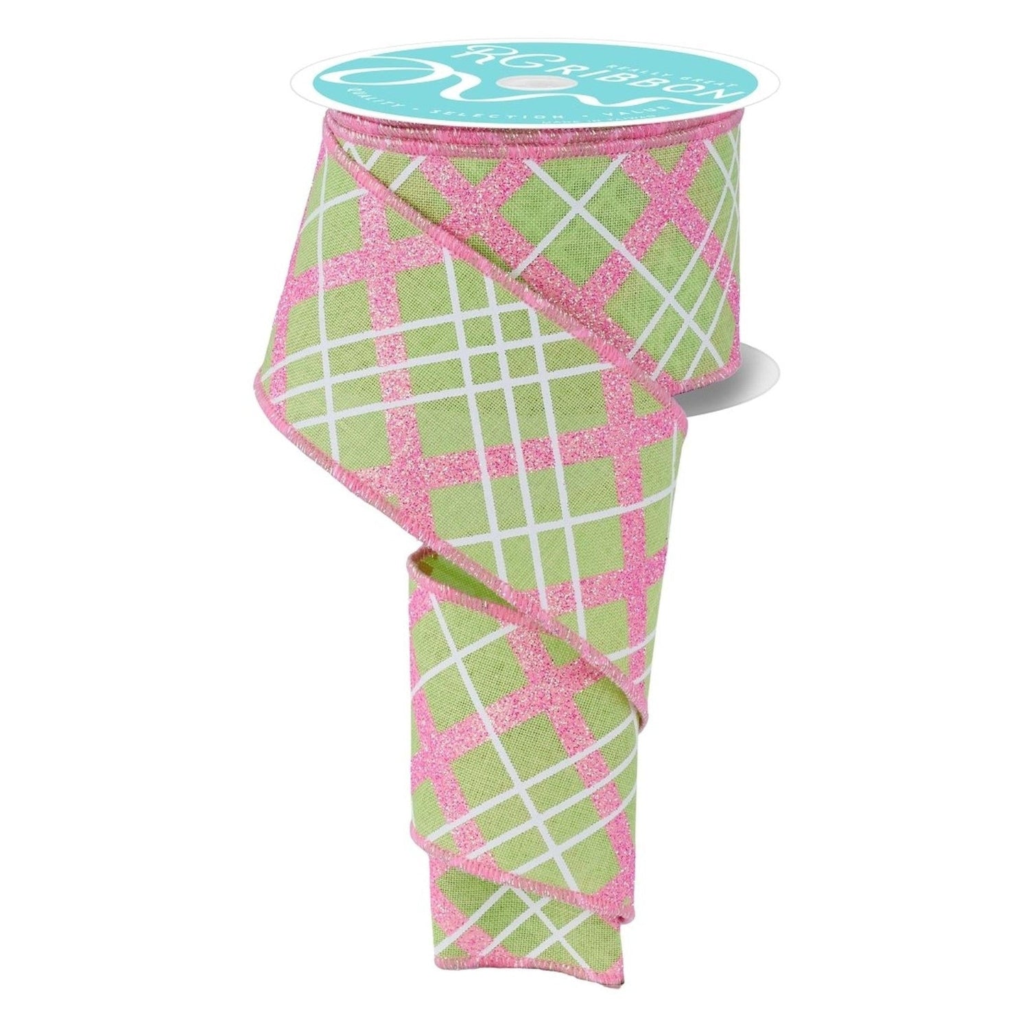 2.5in Diagonal Glitter Plaid Ribbon: Bright Green (10 Yard)