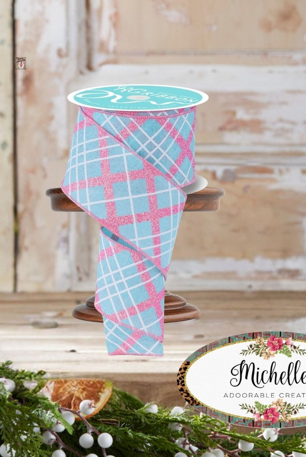 Shop For 2.5in Diagonal Glitter Plaid Ribbon: Robin Egg (10 Yard)