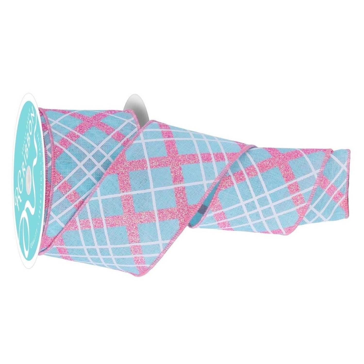 2.5in Diagonal Glitter Plaid Ribbon: Robin Egg (10 Yard)