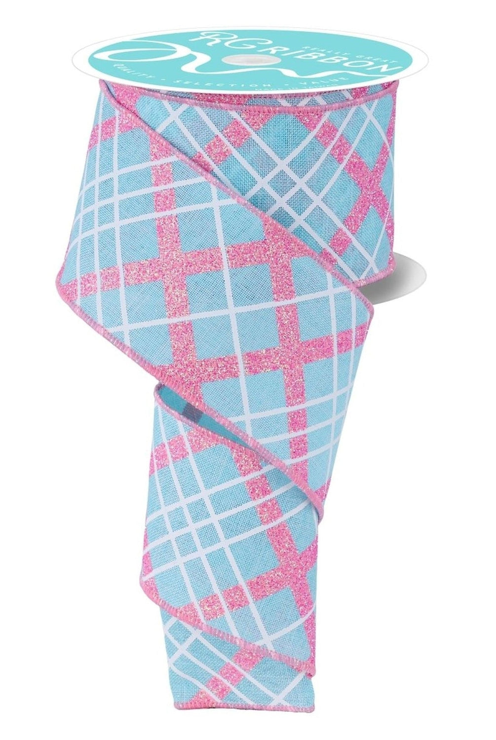 2.5in Diagonal Glitter Plaid Ribbon: Robin Egg (10 Yard)