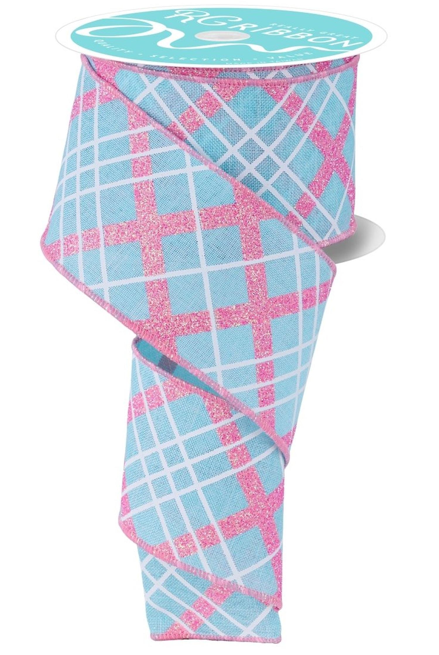 2.5in Diagonal Glitter Plaid Ribbon: Robin Egg (10 Yard)