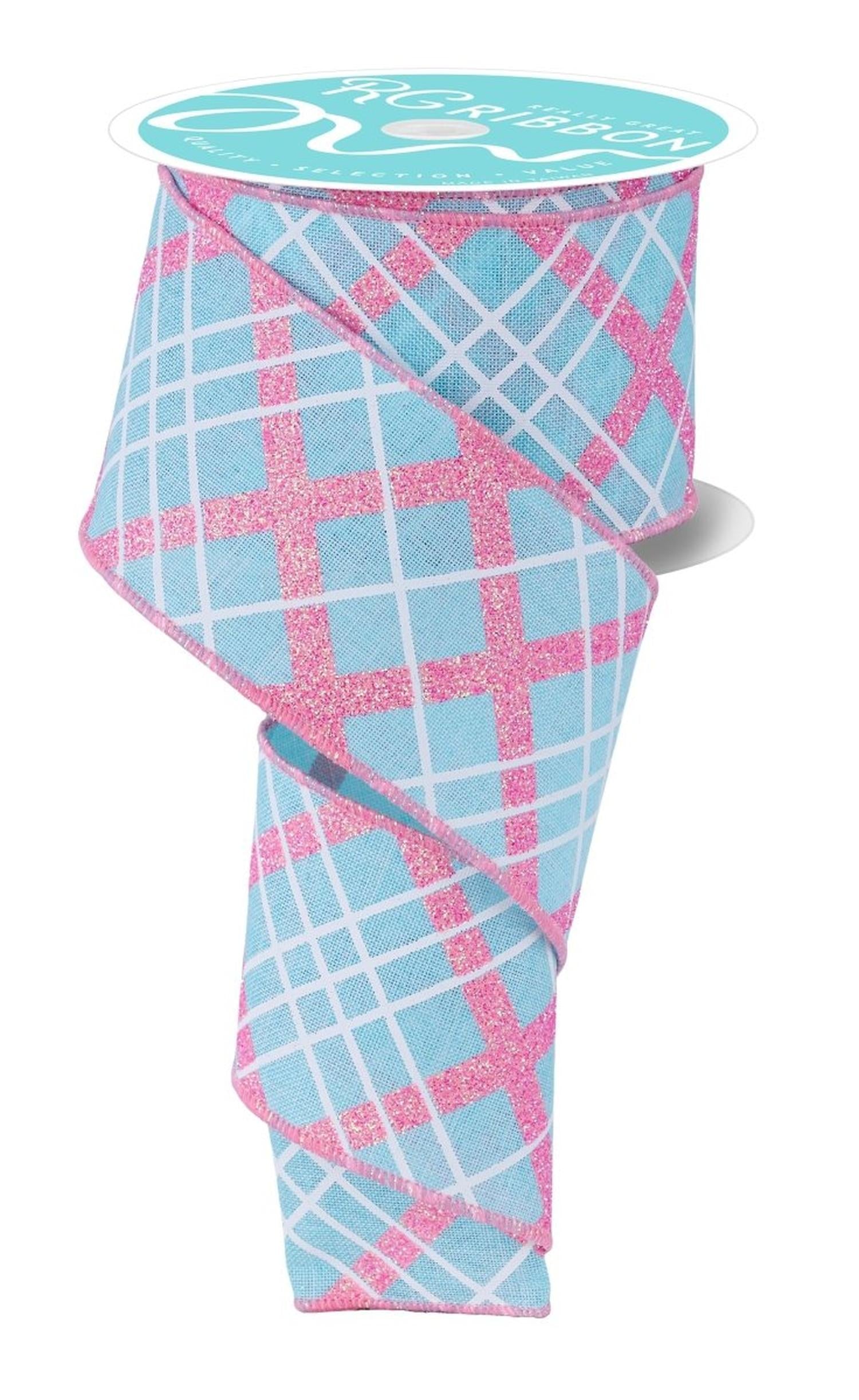 2.5in Diagonal Glitter Plaid Ribbon: Robin Egg (10 Yard)
