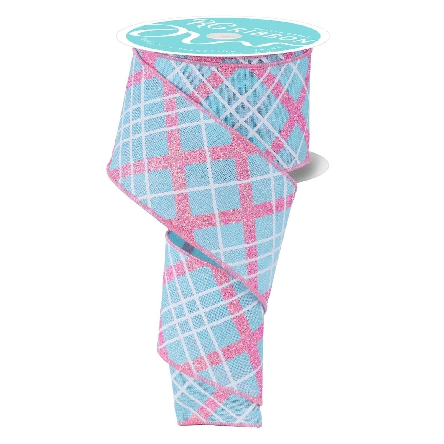 2.5in Diagonal Glitter Plaid Ribbon: Robin Egg (10 Yard)