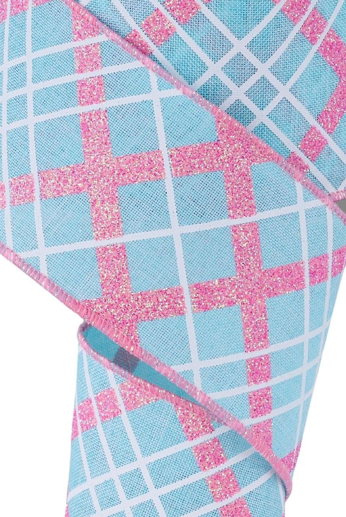 2.5in Diagonal Glitter Plaid Ribbon: Robin Egg (10 Yard)