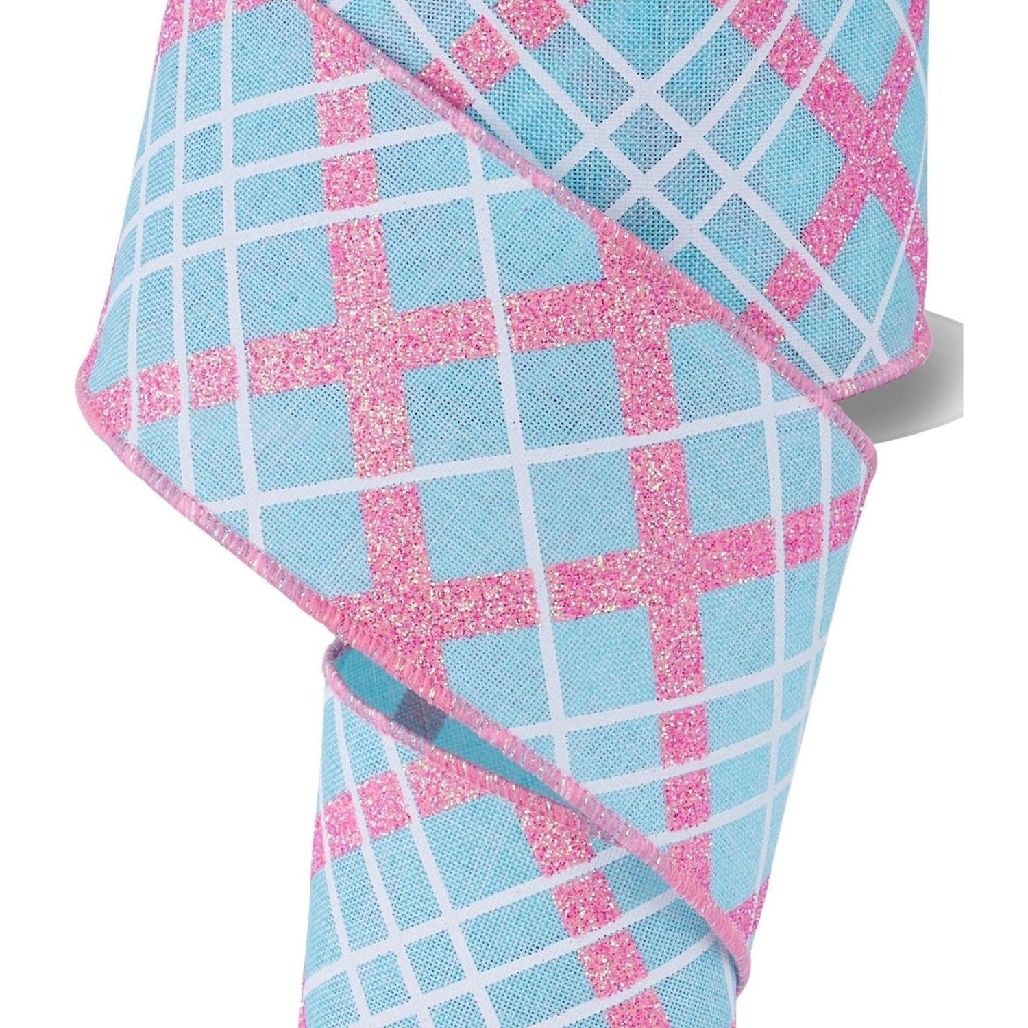 2.5in Diagonal Glitter Plaid Ribbon: Robin Egg (10 Yard)