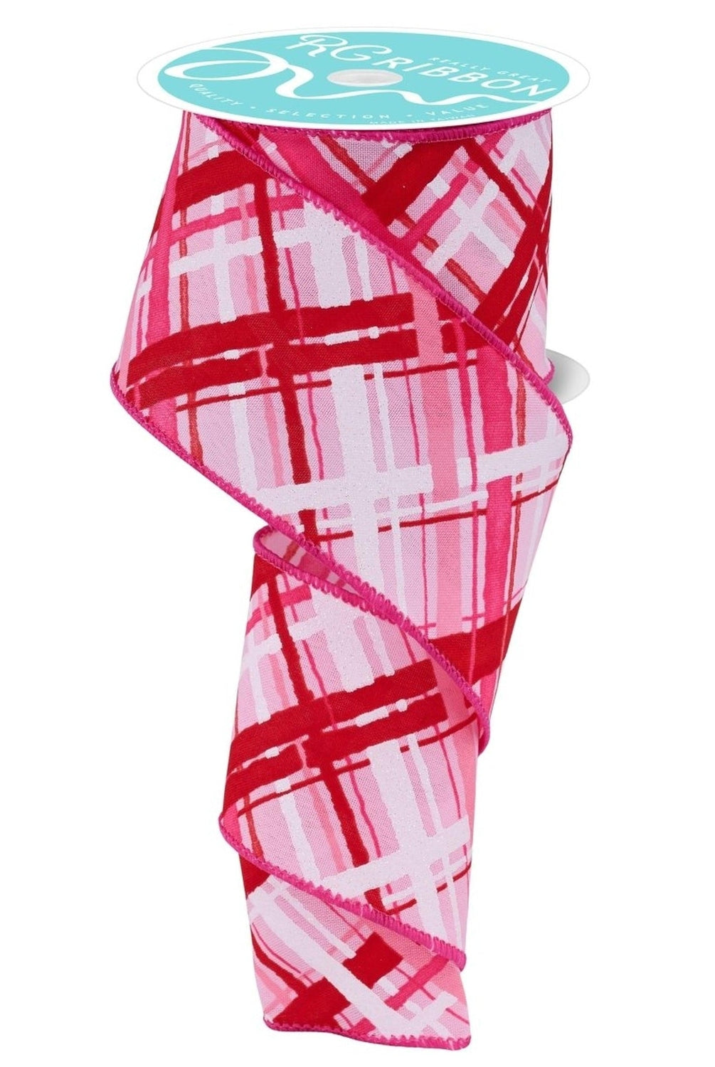 2.5in Diagonal Multi Width Plaid Ribbon: Lt Pink/Red/White