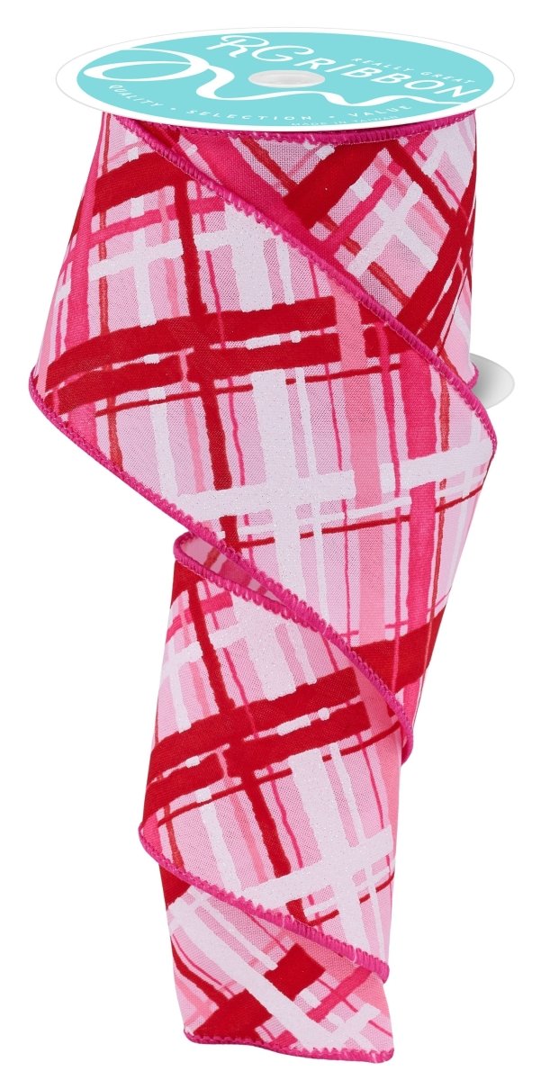 Shop For 2.5in Diagonal Multi Width Plaid Ribbon: Lt Pink/Red/White