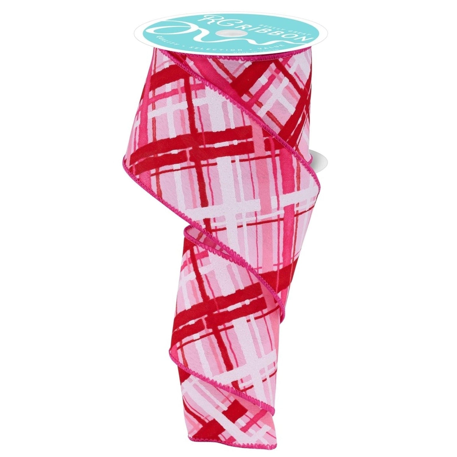 2.5in Diagonal Multi Width Plaid Ribbon: Lt Pink/Red/White