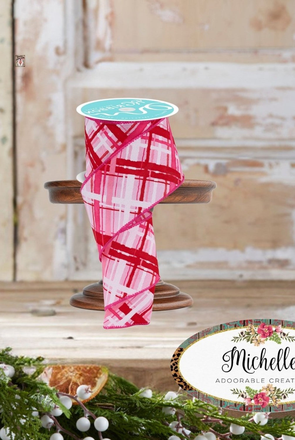 Shop For 2.5in Diagonal Multi Width Plaid Ribbon: Lt Pink/Red/White