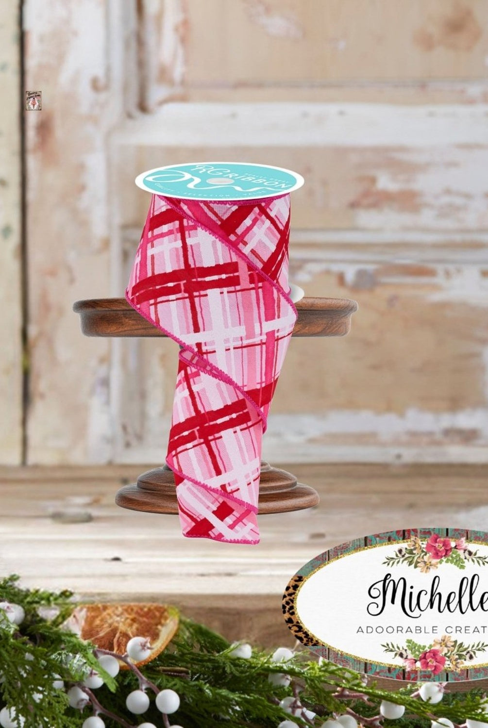 Shop For 2.5in Diagonal Multi Width Plaid Ribbon: Lt Pink/Red/White