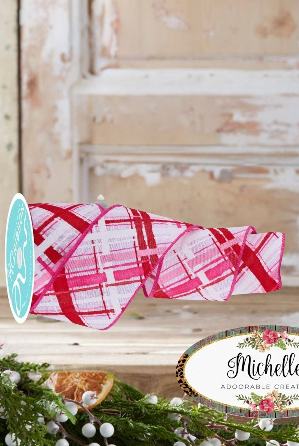 Shop For 2.5in Diagonal Multi Width Plaid Ribbon: White/Pink/Red