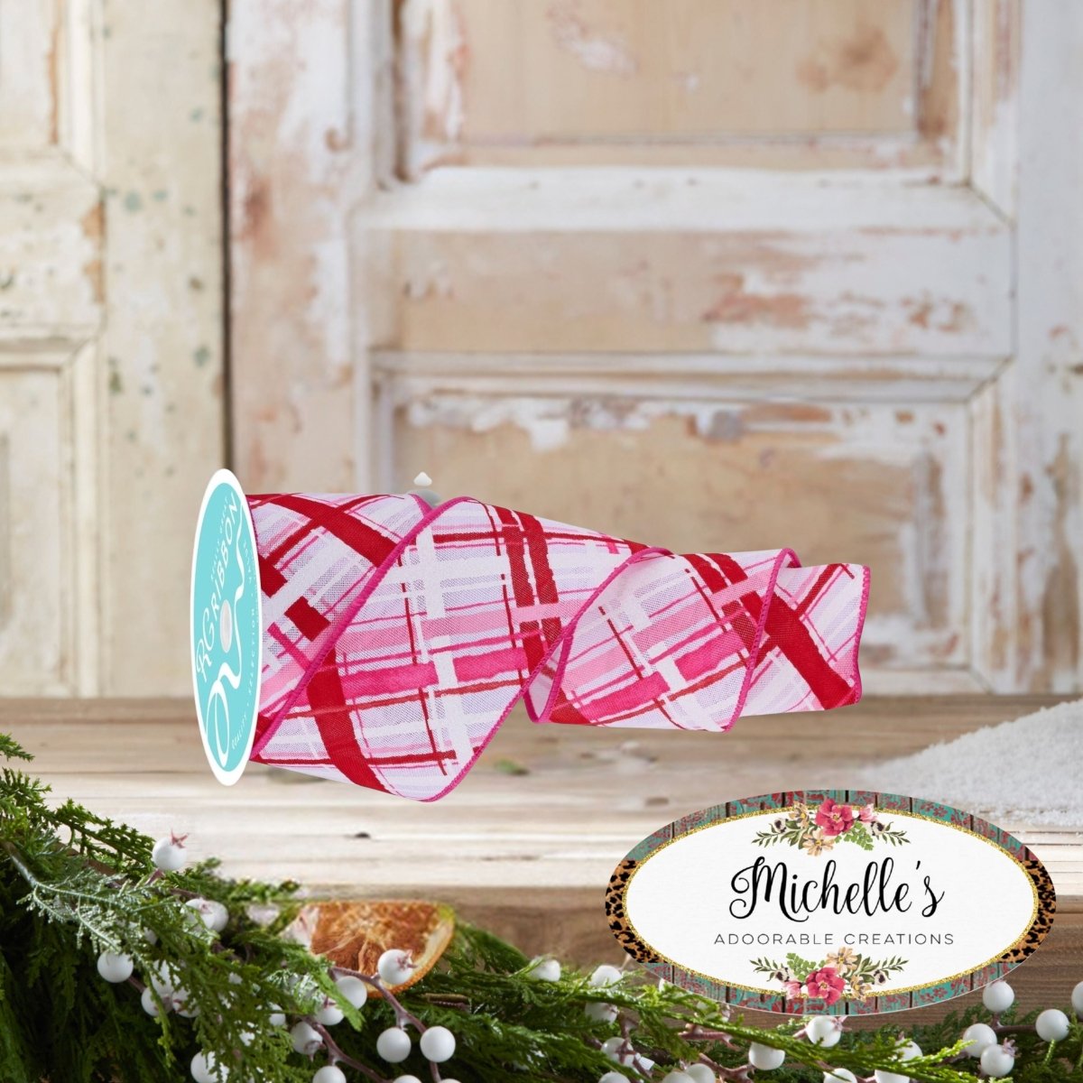 Shop For 2.5in Diagonal Multi Width Plaid Ribbon: White/Pink/Red
