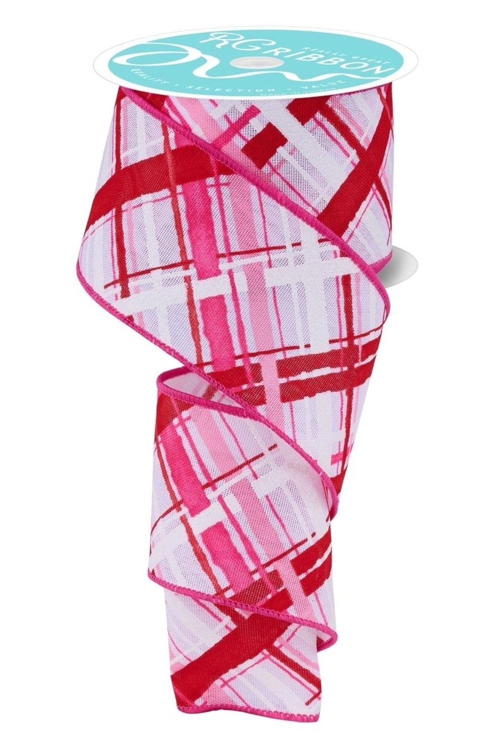 2.5in Diagonal Multi Width Plaid Ribbon: White/Pink/Red