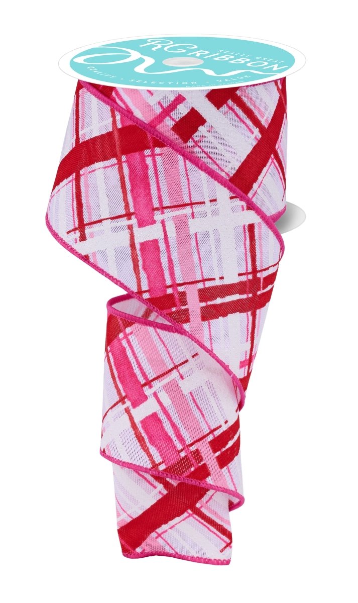 Shop For 2.5in Diagonal Multi Width Plaid Ribbon: White/Pink/Red