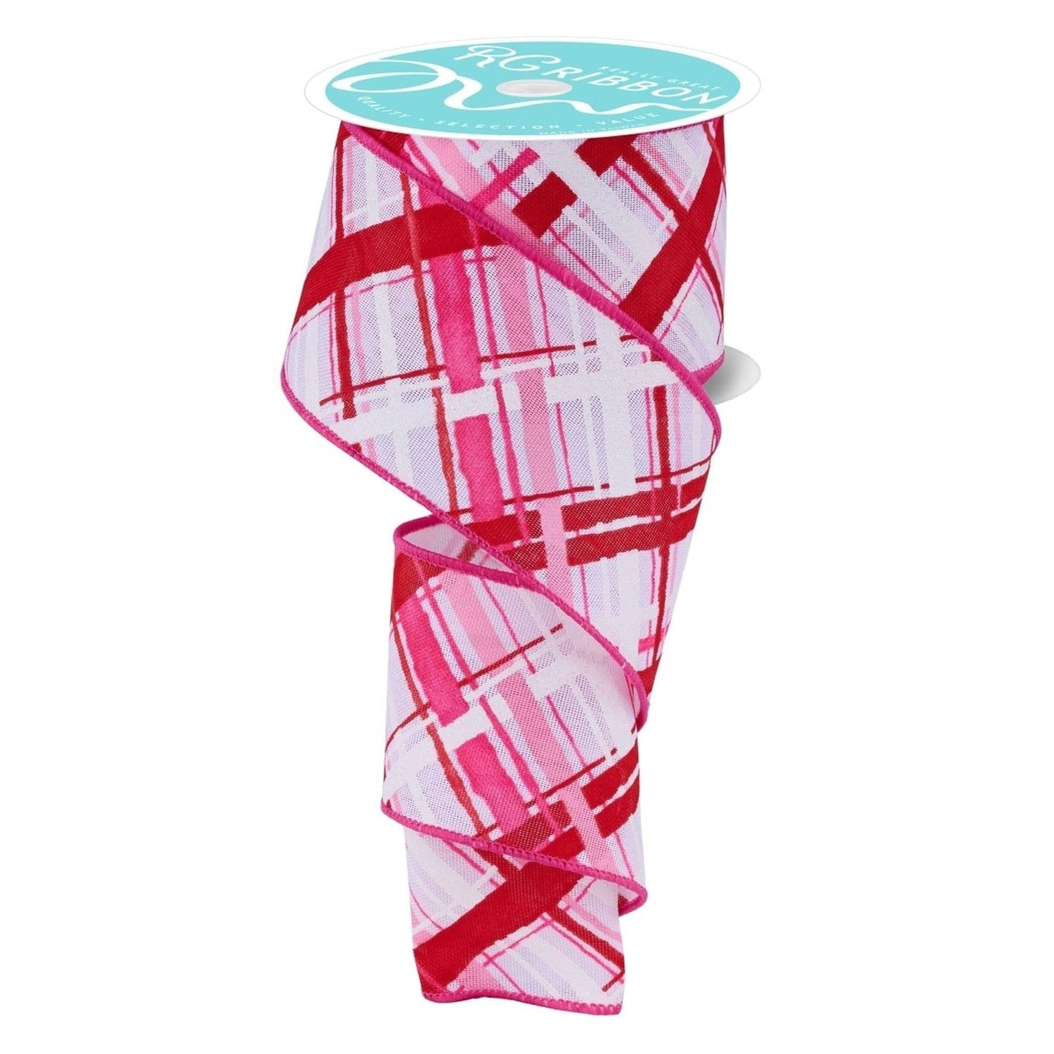 2.5in Diagonal Multi Width Plaid Ribbon: White/Pink/Red