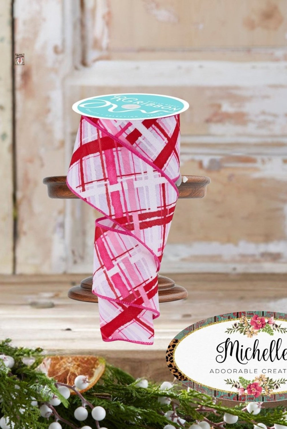 Shop For 2.5in Diagonal Multi Width Plaid Ribbon: White/Pink/Red