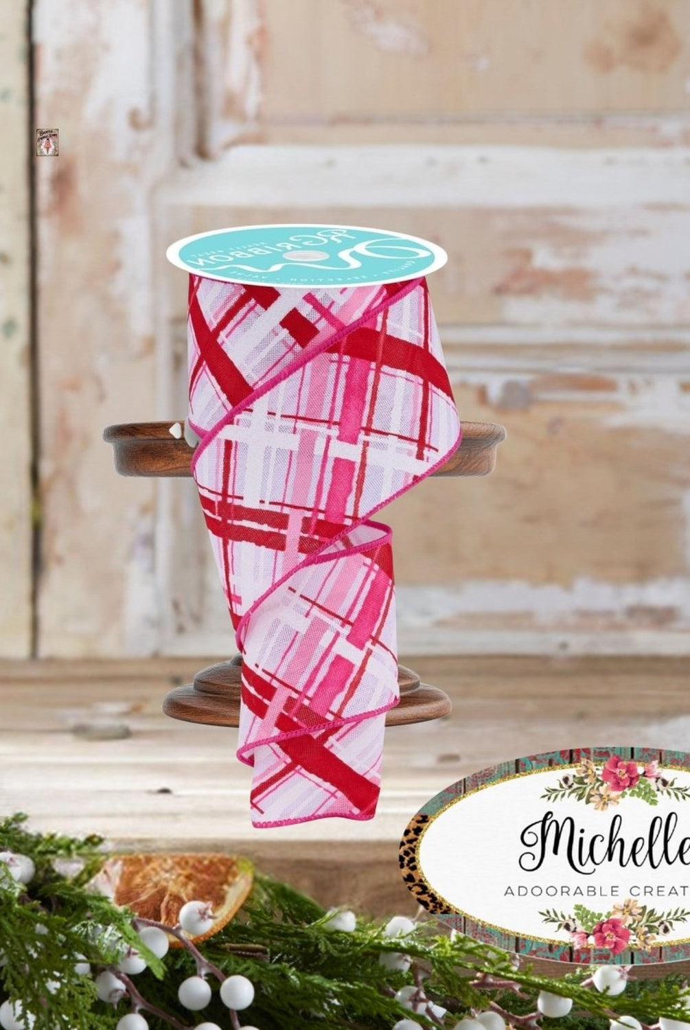Shop For 2.5in Diagonal Multi Width Plaid Ribbon: White/Pink/Red